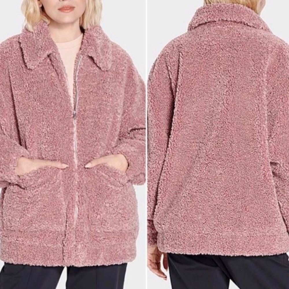 New UGG Teddy Bear Kaley Faux Fur Jacket Womans Sz Large Dusty Rose
